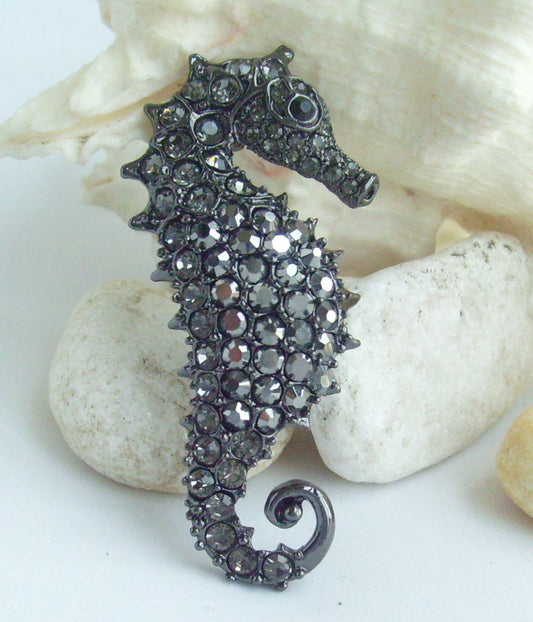 Sindary Costume Jewelry Animal Seahorse Brooch Pin Pendant Black Gray Rhinestone Crystal SP02254C11