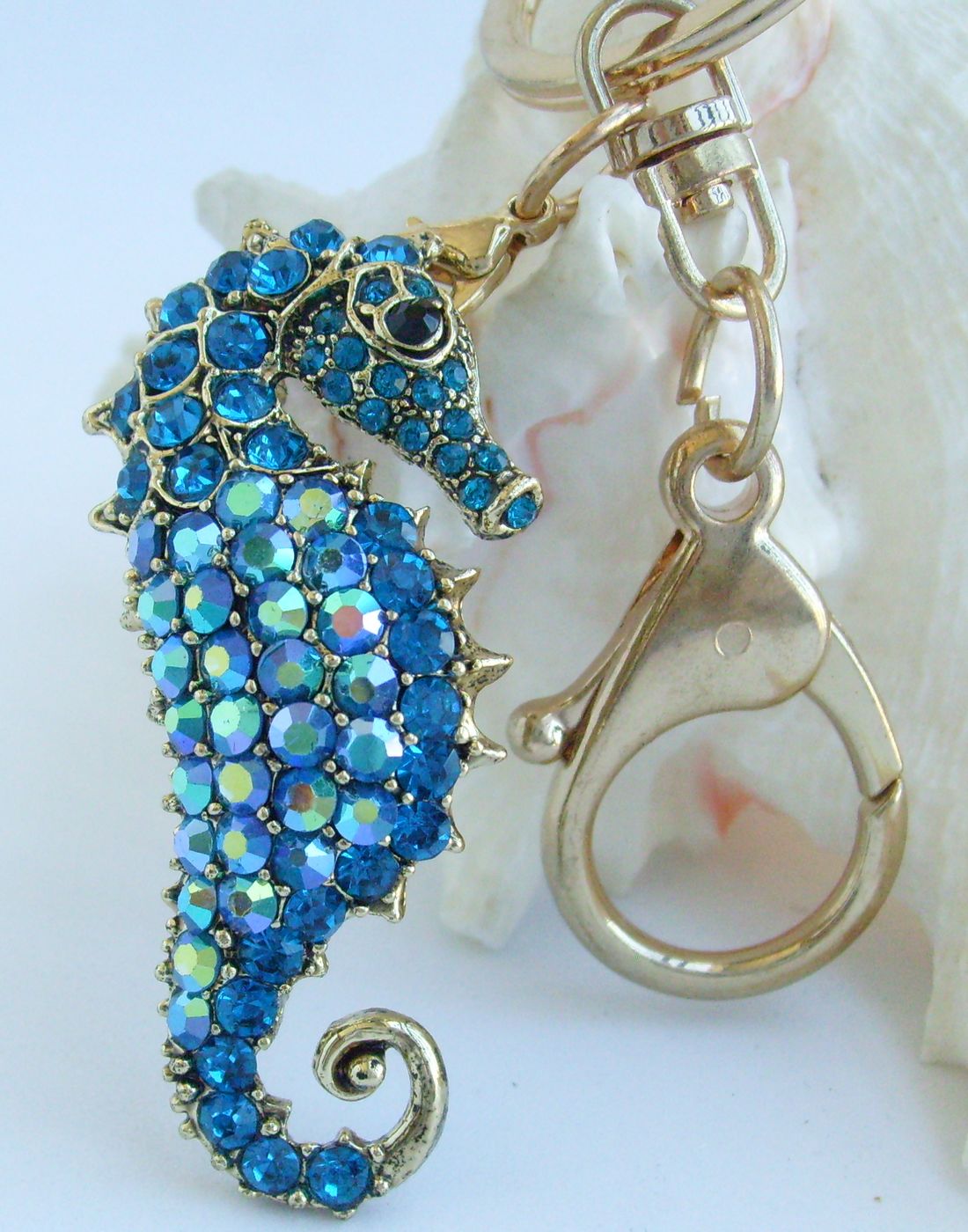 Sindary Costume Jewelry Animal Seahorse Keychain Keyring Pendant Turquoise Rhinestone Crystal SPK02254C15