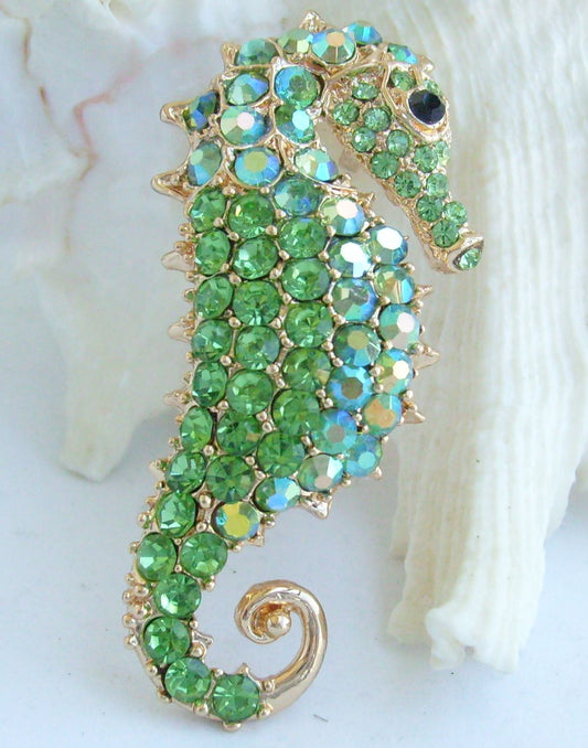 Sindary Costume Jewelry Animal Seahorse Brooch Pin Pendant Green Rhinestone Crystal SP02254C19