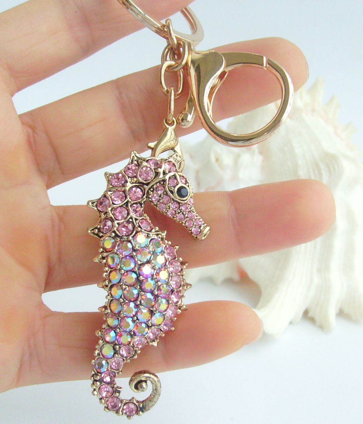 Sindary Costume Jewelry Animal Seahorse Keychain Keyring Pendant Pink Rhinestone Crystal SPK02254C21