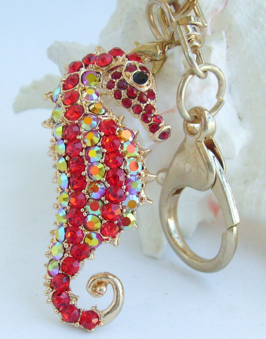 Sindary Costume Jewelry Animal Seahorse Keychain Keyring Pendant Red Rhinestone Crystal SPK02254C23