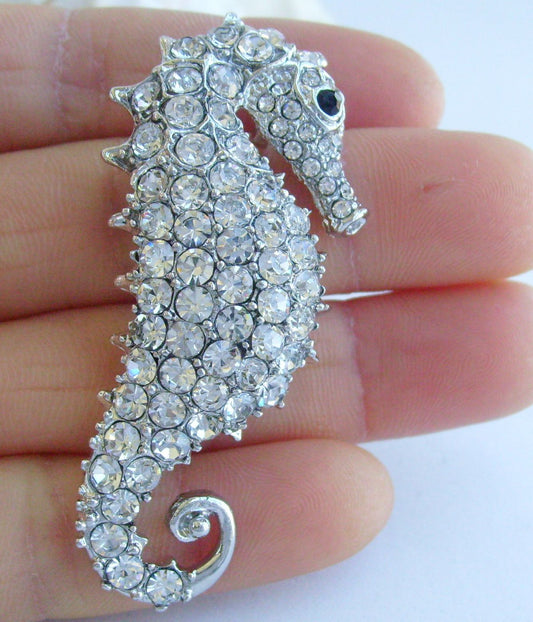 Sindary Costume Jewelry Animal Seahorse Brooch Pin Pendant Silvery Clear Rhinestone Crystal SP02254C8