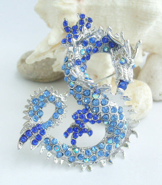 Sindary Costume Jewelry Unique Dragon Brooch Pin Pendant Blue Rhinestone Crystal SP02980C7