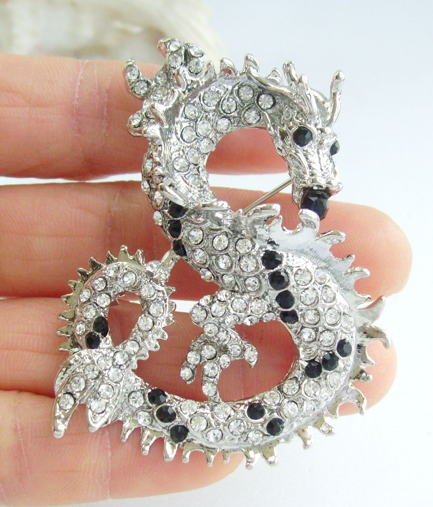 Sindary Costume Jewelry Unique Dragon Brooch Pin Pendant Black Clear Rhinestone Crystal SP02980C8