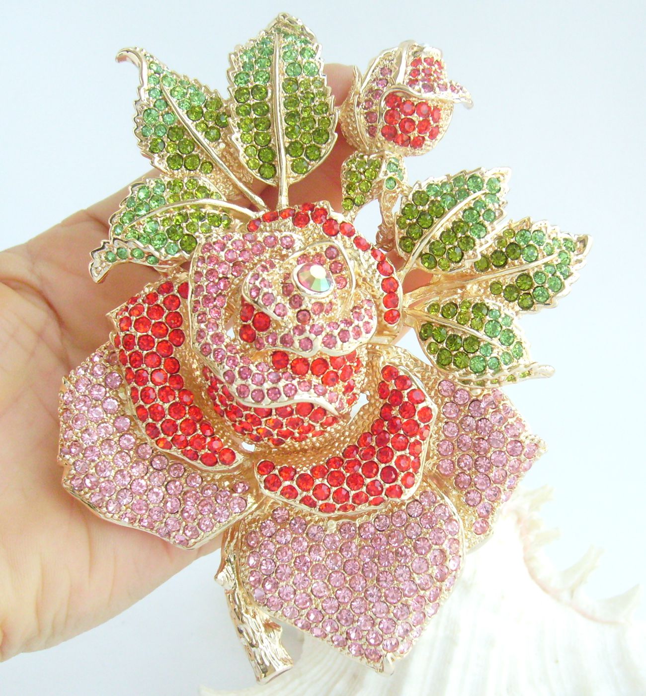 Sindary Costume Jewelry Big Rose Flower Brooch Pin Pendant Red & Pink Rhinestone Crystal SP02994C10