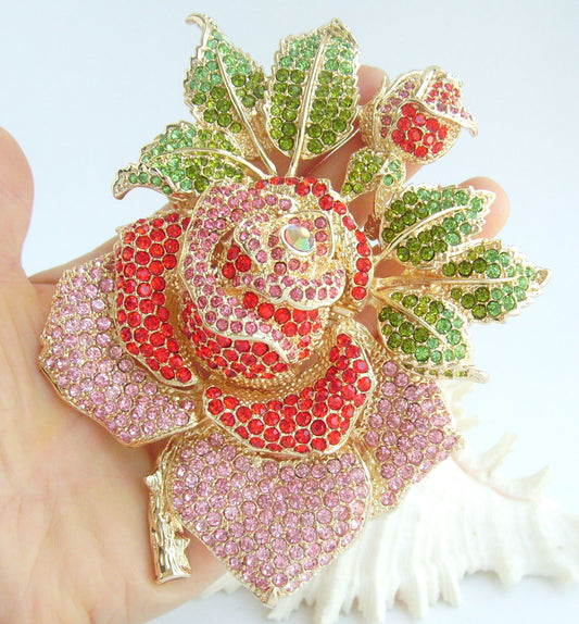 Sindary Costume Jewelry Big Rose Flower Brooch Pin Pendant Red & Pink Rhinestone Crystal SP02994C10