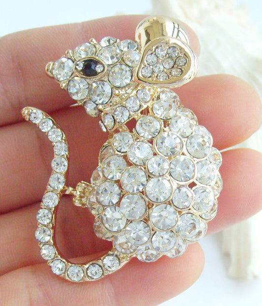 Sindary Costume Jewelry Animal Mouse Rat Brooch Pin Pendant Golden Clear Rhinestone Crystal SP03276C14