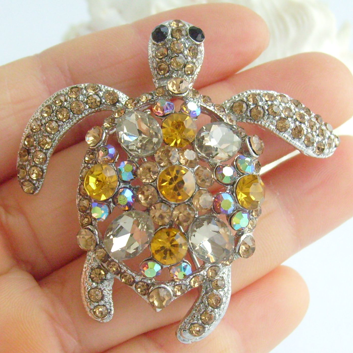 Sindary Costume Jewelry Animal Turtle Tortoise Brooch Pin Pendant Beige Brown Rhinestone Crystal SP03344C4