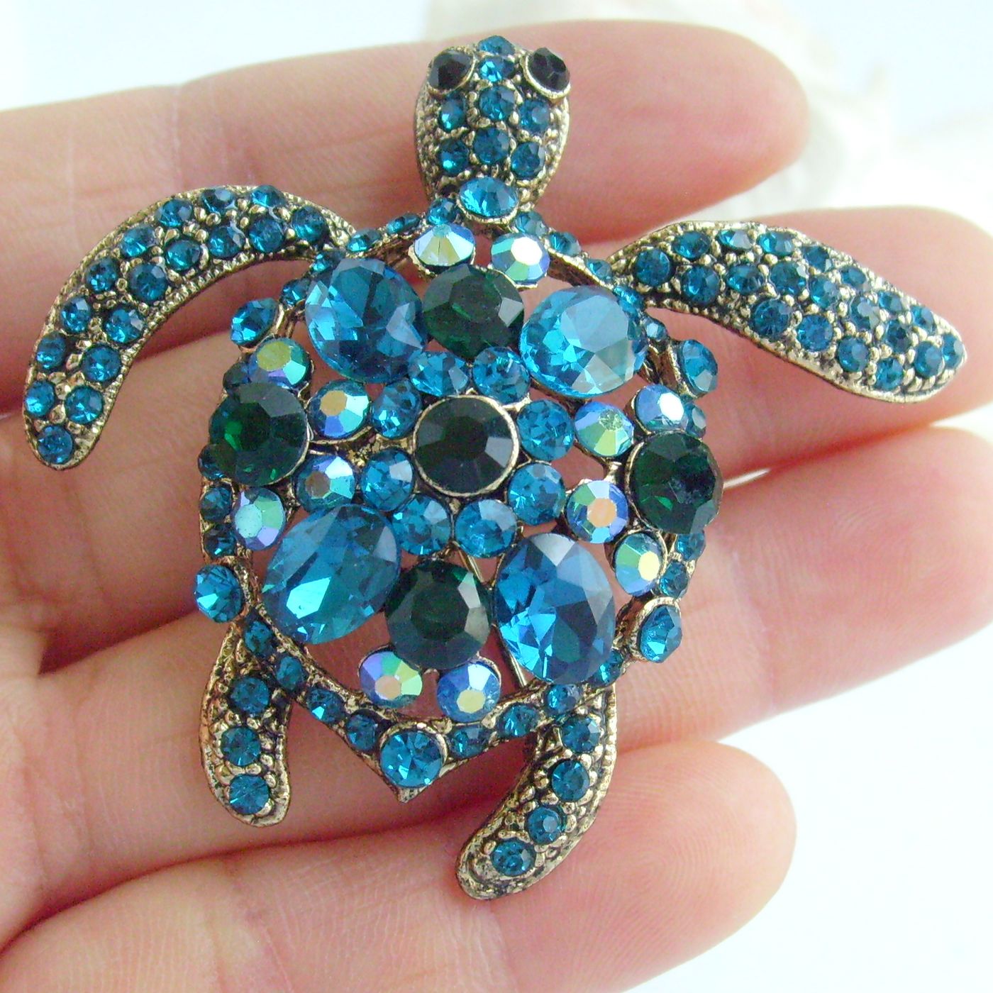 Sindary Costume Jewelry Animal Turtle Tortoise Brooch Pin Pendant Turquoise Green Rhinestone Crystal SP03344C7