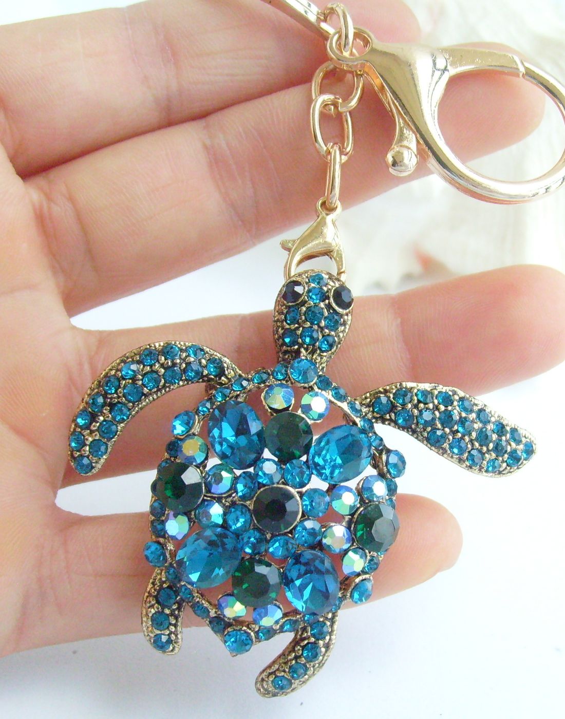 Sindary Costume Jewelry Animal Turtle Tortoise Keychain Keyring Pendant Turquoise Green Rhinestone Crystal SPK03344C7