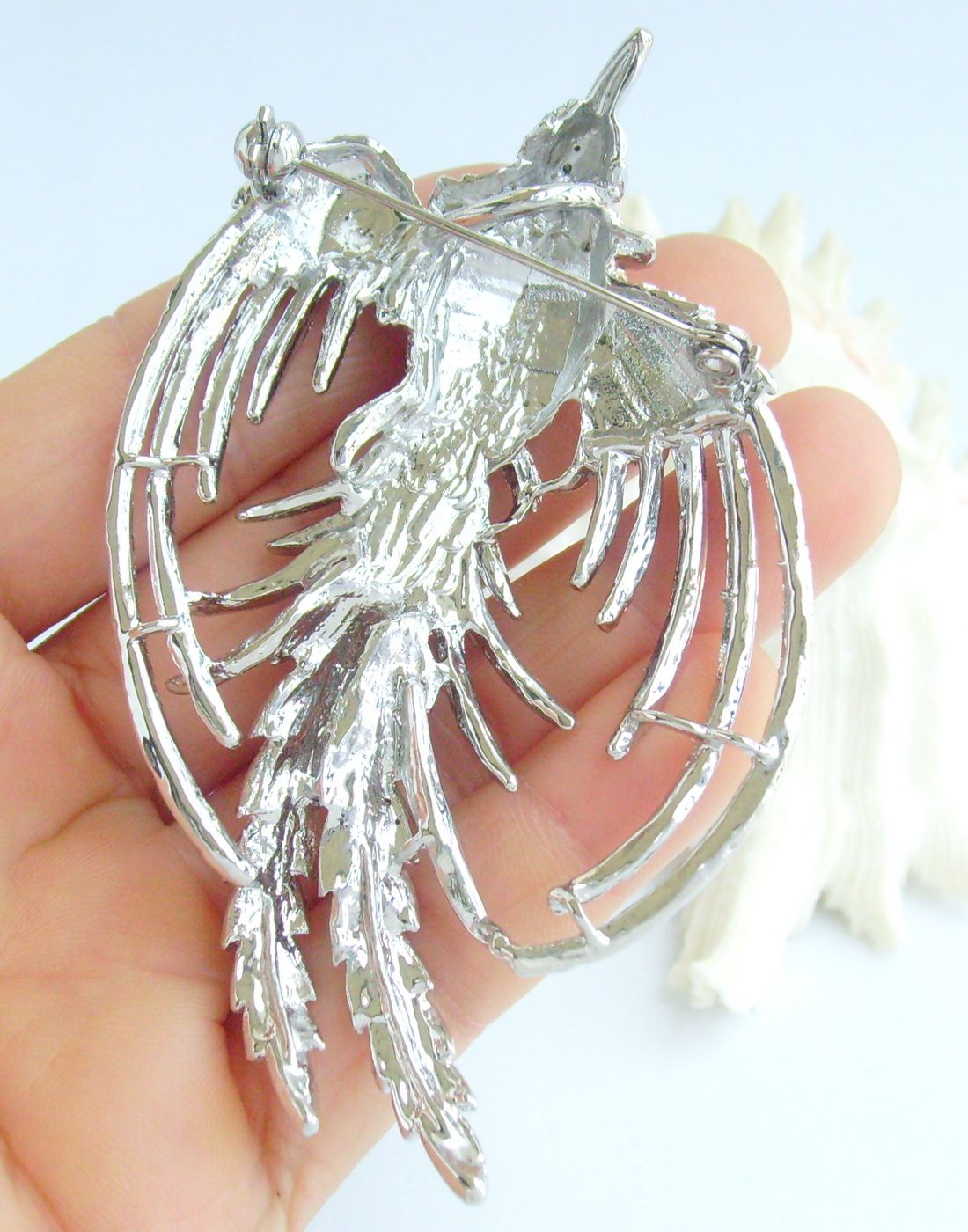 Sindary Costume Jewelry Animal Phoenix Bird Brooch Pin Pendant Silvery Clear Rhinestone Crystal SP02338C1