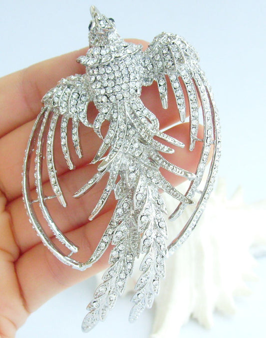 Sindary Costume Jewelry Animal Phoenix Bird Brooch Pin Pendant Silvery Clear Rhinestone Crystal SP02338C1