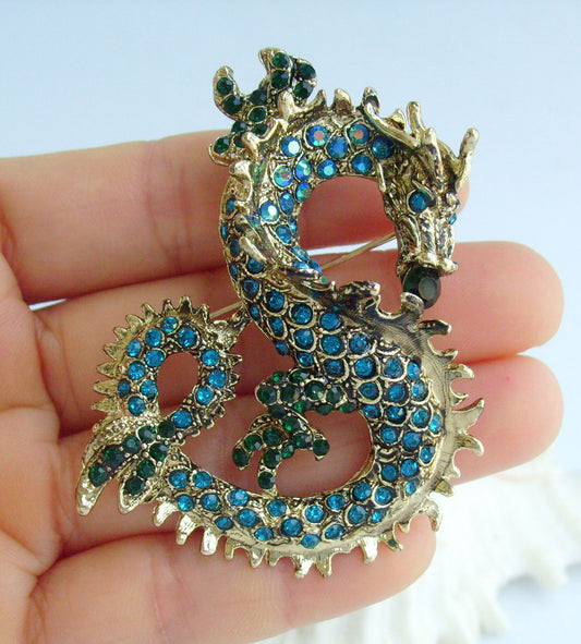 Sindary Costume Jewelry Unique Dragon Brooch Pin Pendant Turquoise Green Rhinestone Crystal SP02980C1