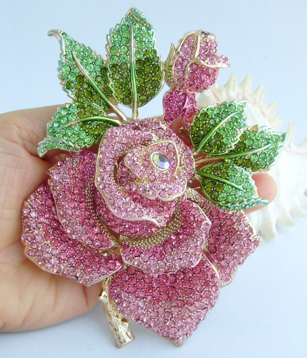 Sindary Costume Jewelry Big Rose Flower Brooch Pin Pendant Pink Rhinestone Crystal SP02994C14