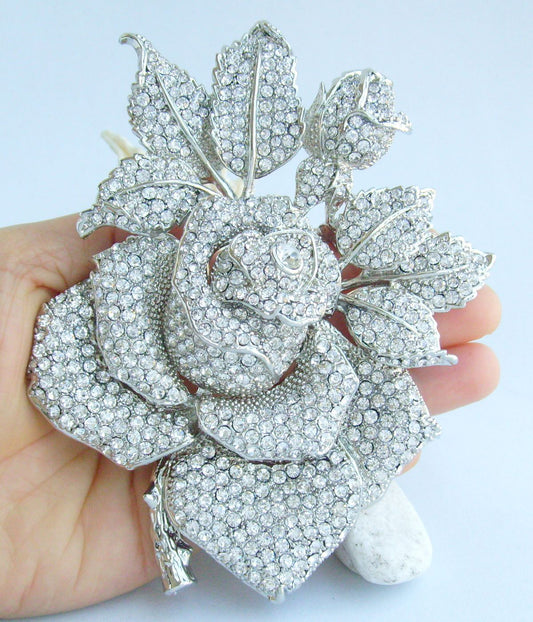 Sindary Costume Jewelry Bridal Wedding Big Rose Flower Brooch Pin Pendant Silvery Clear Rhinestone Crystal SP02994C3