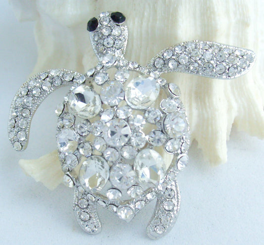 Sindary Costume Jewelry Animal Turtle Tortoise Brooch Pin Pendant Silvery Clear Rhinestone Crystal SP03344C3