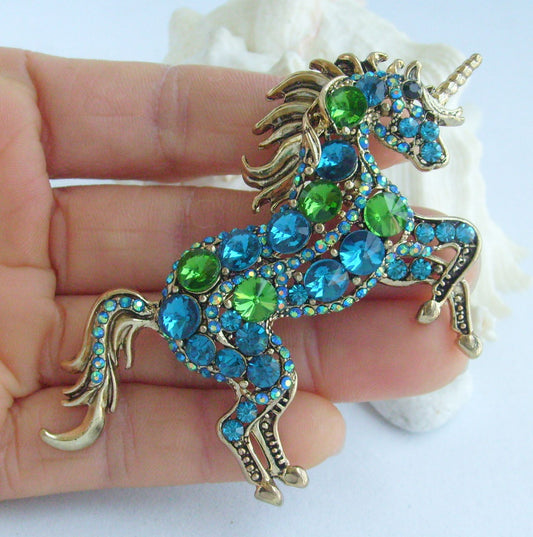 Sindary Costume Jewelry Unique Unicorn Horse Brooch Pin Pendant Turquoise Green Rhinestone Crystal SP06172C2