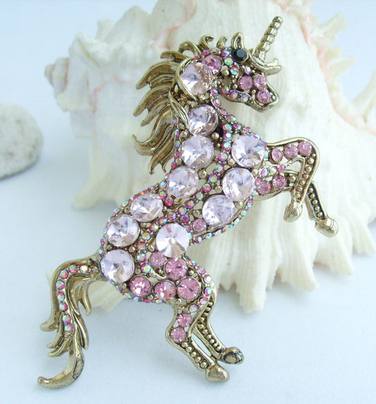 Sindary Costume Jewelry Unique Unicorn Horse Brooch Pin Pendant Pink Rhinestone Crystal SP06172C3