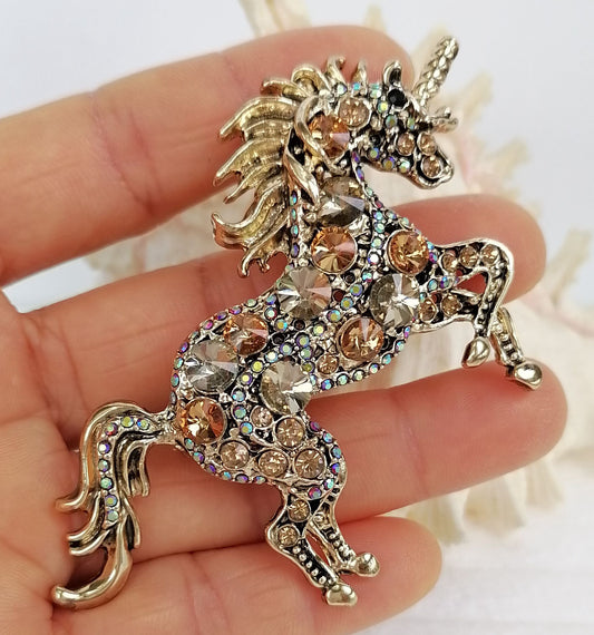 Sindary Costume Jewelry Unique Unicorn Horse Brooch Pin Pendant Beige Brown Rhinestone Crystal SP06172C11