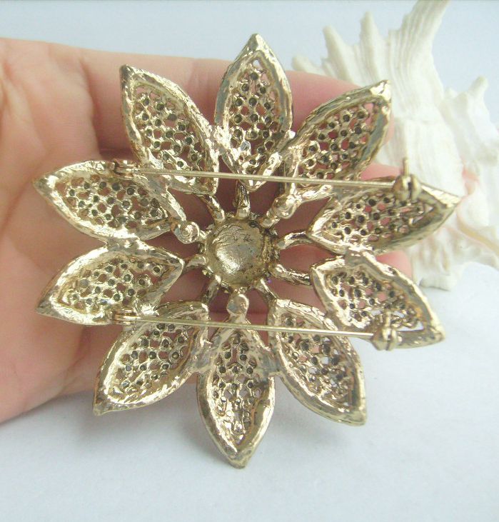 Sindary Costume Jewelry 3.2" Round Flower Brooch Pin Beige Brown Rhinestone Crystal SP03485C2