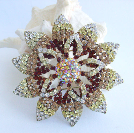 Sindary Costume Jewelry 3.2" Round Flower Brooch Pin Beige Brown Rhinestone Crystal SP03485C2