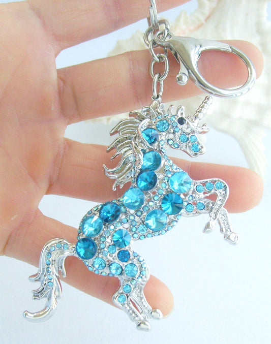 Sindary Costume Jewelry Unique Unicorn Horse Keychain Keyring Pendant Lake Blue Rhinestone Crystal SPK06172C14