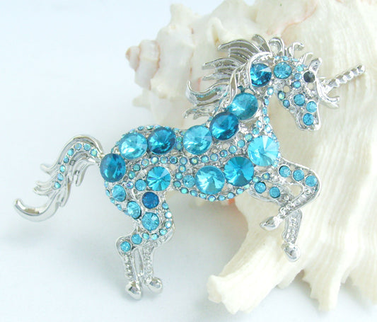 Sindary Costume Jewelry Unique Unicorn Horse Brooch Pin Pendant Lake Blue Rhinestone Crystal SP06172C14