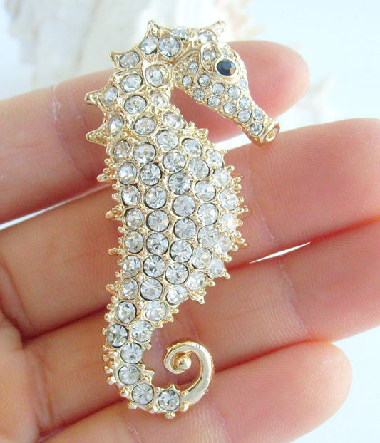 Sindary Costume Jewelry Animal Seahorse Brooch Pin Pendant Golden Clear Rhinestone Crystal SP02254C24