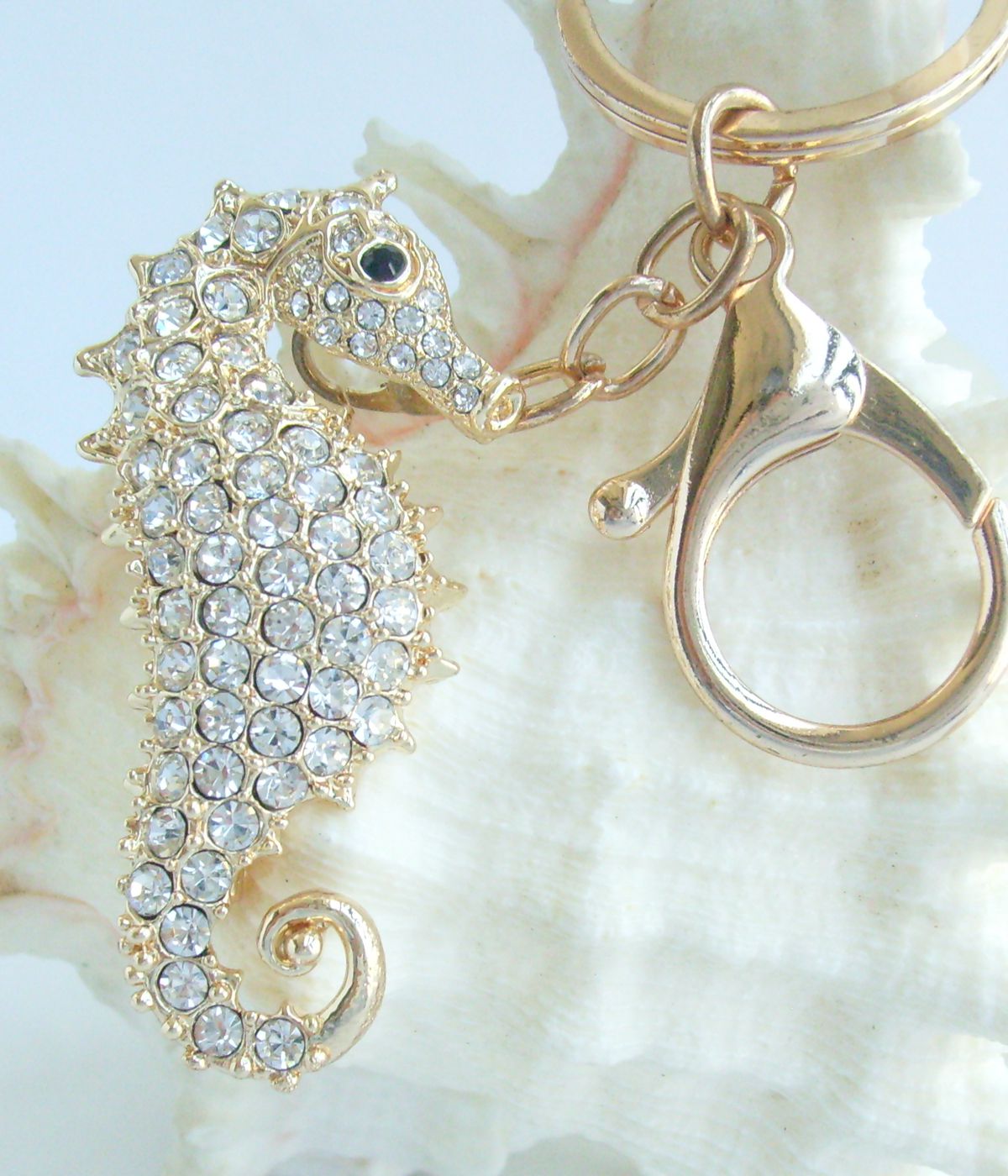 Sindary Costume Jewelry Animal Seahorse Keychain Keyring Pendant Golden Clear Rhinestone Crystal SPK02254C24