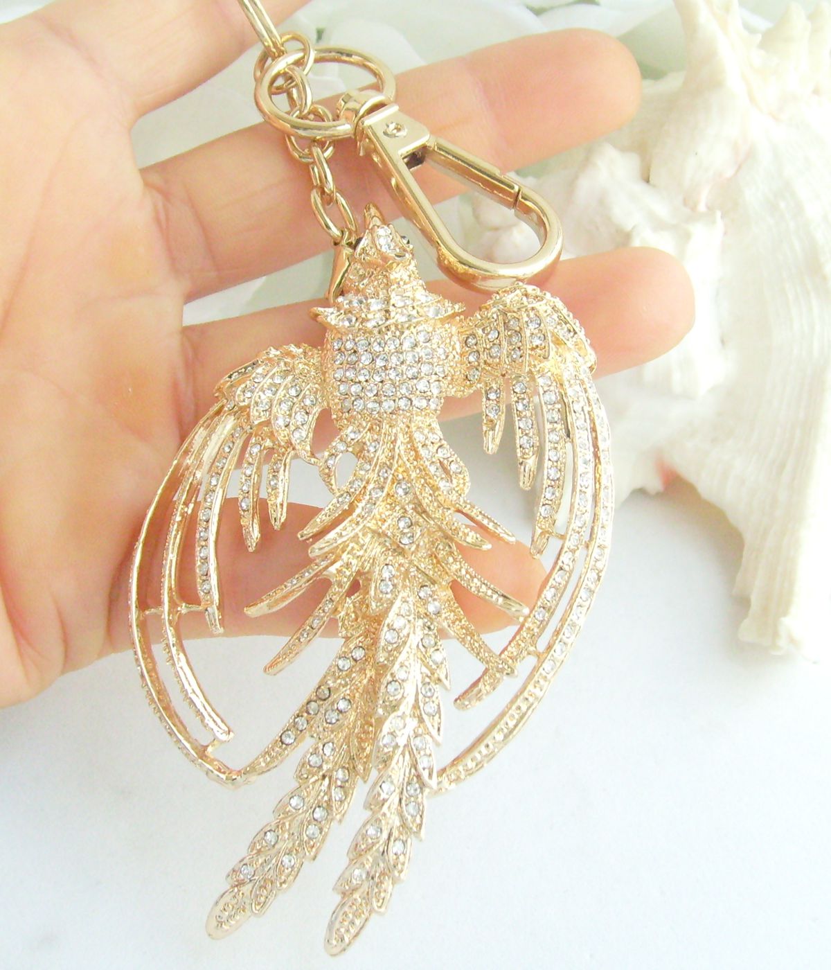 Sindary Costume Jewelry Animal Phoenix Bird Keychain Keyring Pendant Golden Clear Rhinestone Crystal SPK02338C10