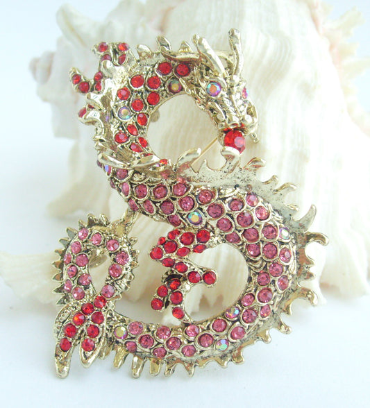 Sindary Costume Jewelry Unique Dragon Brooch Pin Pendant Red Pink Rhinestone Crystal SP02980C13