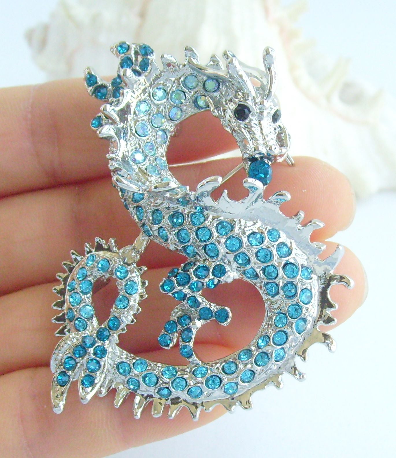 Sindary Costume Jewelry Unique Dragon Brooch Pin Pendant Lake Blue Rhinestone Crystal SP02980C14