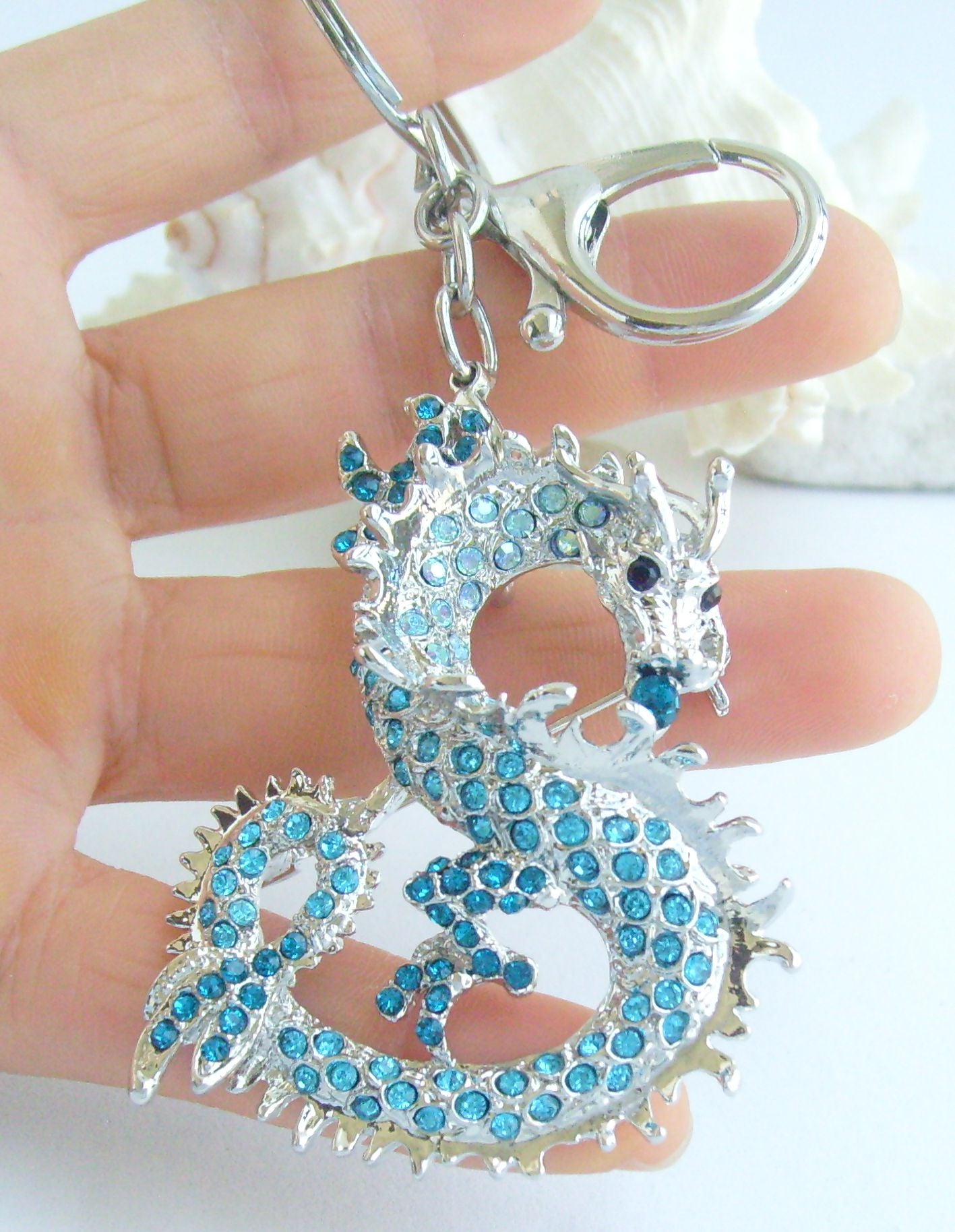 Sindary Costume Jewelry Unique Dragon Keychain Keyring Pendant Lake Blue Rhinestone Crystal SPK02980C14