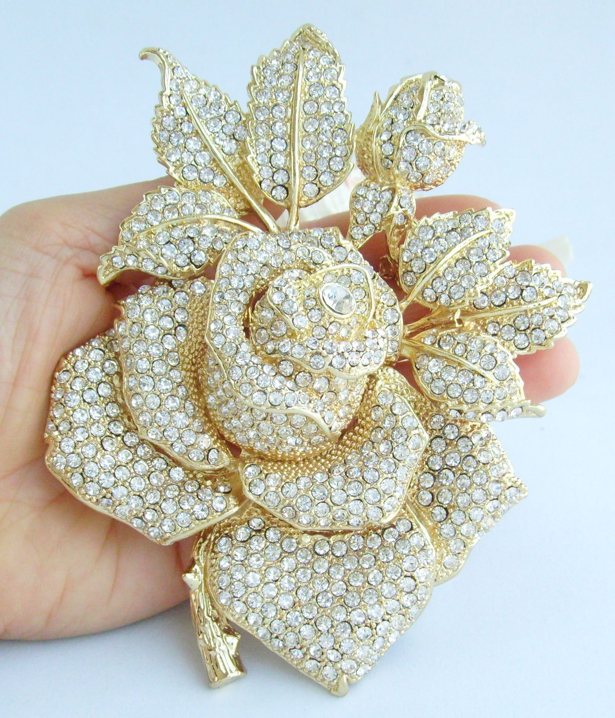 Sindary Costume Jewelry Wedding Big Rose Flower Brooch Pin Pendant Golden Clear Rhinestone Crystal SP02994C15