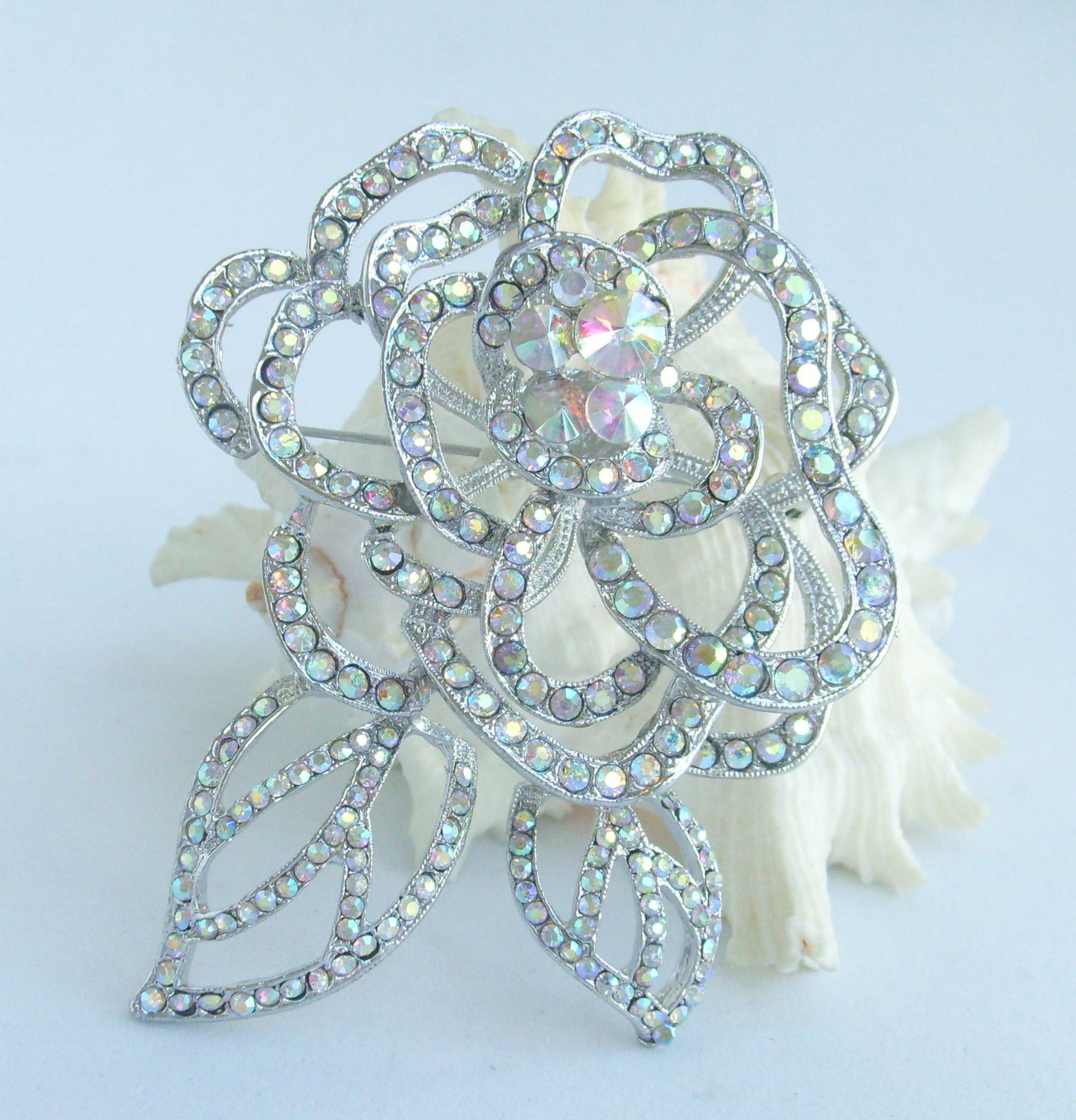 Sindary Wedding Costume Jewelry 4.0" Flower Brooch Pin Iridescence Clear Rhinestone Crystal SP03495C1