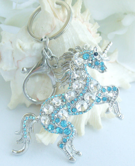 Sindary Costume Jewelry Unique Unicorn Horse Keychain Keyring Pendant Lake Blue & Clear Rhinestone Crystal SPK06172C15