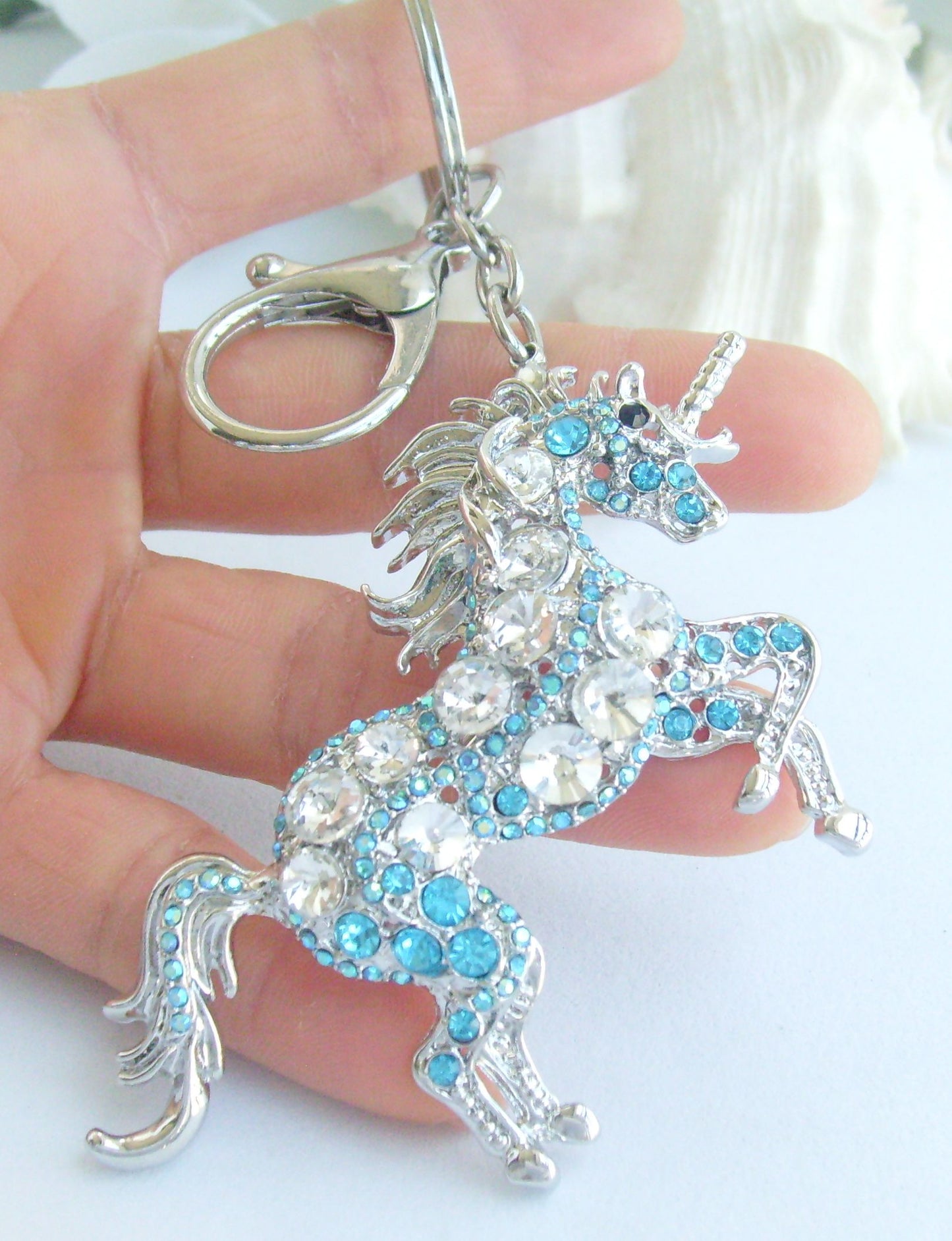 Sindary Costume Jewelry Unique Unicorn Horse Keychain Keyring Pendant Lake Blue & Clear Rhinestone Crystal SPK06172C15