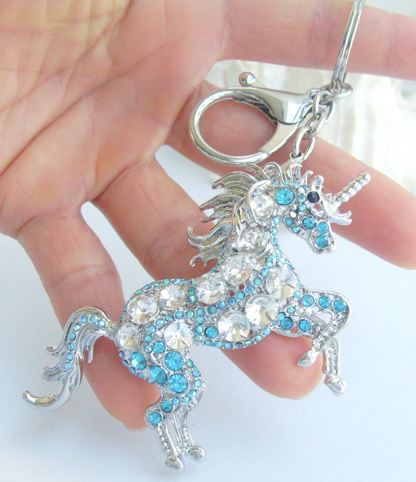 Sindary Costume Jewelry Unique Unicorn Horse Keychain Keyring Pendant Lake Blue & Clear Rhinestone Crystal SPK06172C15