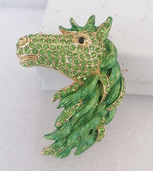 Sindary Costume Jewelry Art Style Animal Horse Brooch Pin Pendant Green Rhinestone Crystal SP06535C6