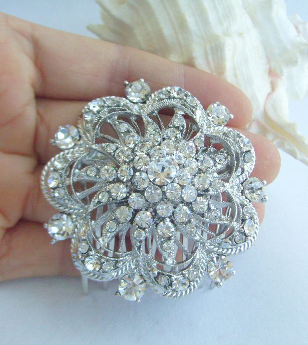 Sindary Wedding Headpiece 2.2" Round Flower Hair Comb Side Comb Clear Rhinestone Crystal Prom Hair Accessary SPH03328C1