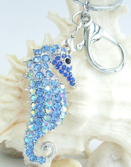 Sindary Costume Jewelry Animal Seahorse Keychain Keyring Pendant Blue Rhinestone Crystal SPK02254C13