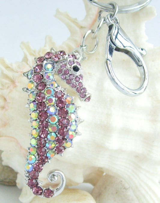 Sindary Costume Jewelry Animal Seahorse Keychain Keyring Pendant Purple Rhinestone Crystal SPK02254C17