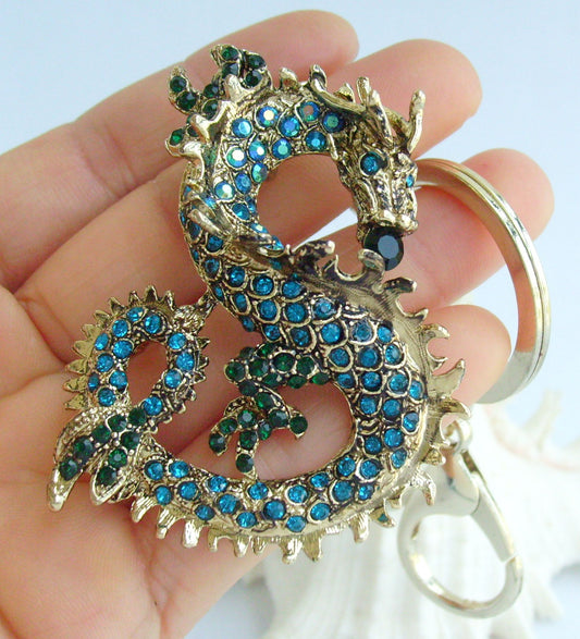 Sindary Costume Jewelry Unique Dragon Keychain Keyring Pendant Turquoise Green Rhinestone Crystal SPK02980C1