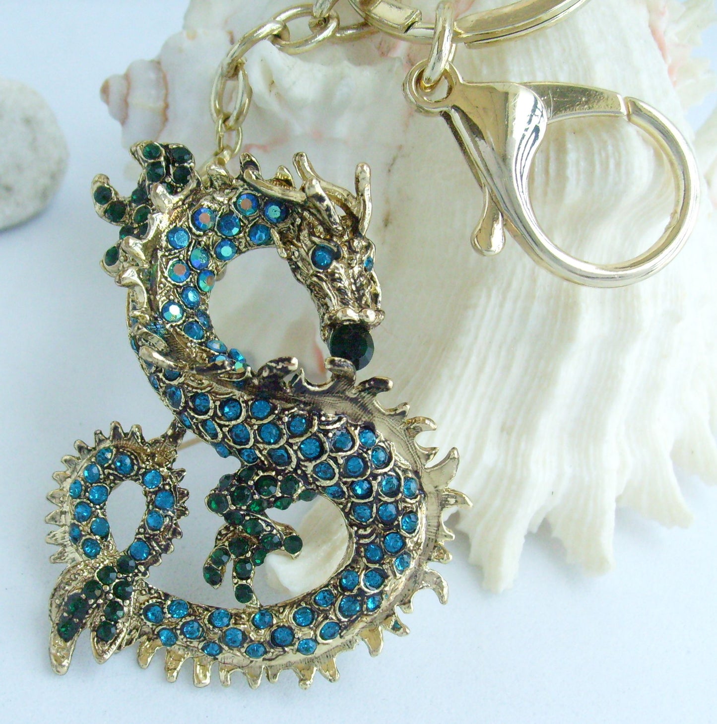 Sindary Costume Jewelry Unique Dragon Keychain Keyring Pendant Turquoise Green Rhinestone Crystal SPK02980C1