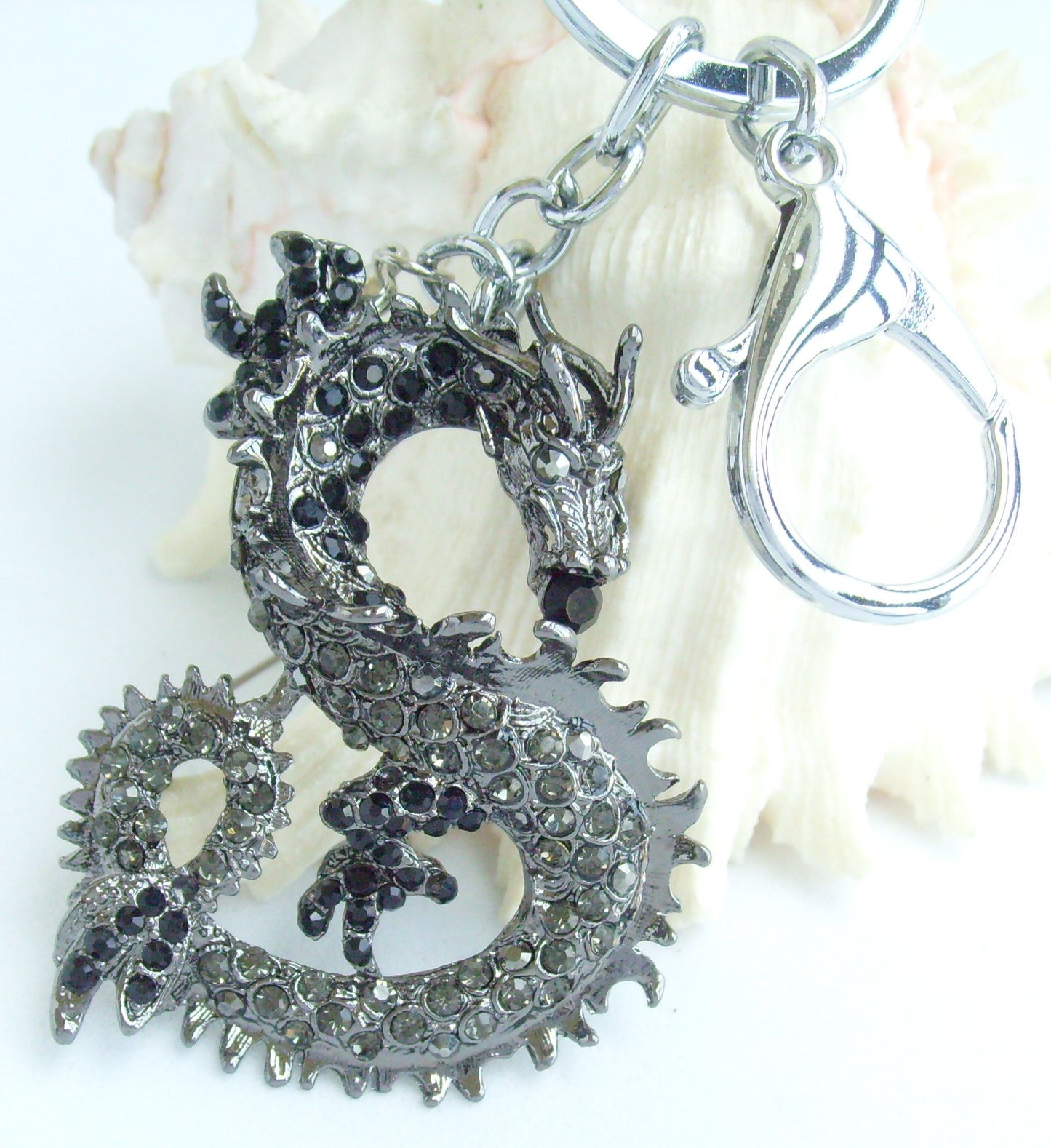 Sindary Costume Jewelry Unique Dragon Keychain Keyring Pendant Black Gray Rhinestone Crystal SPK02980C11