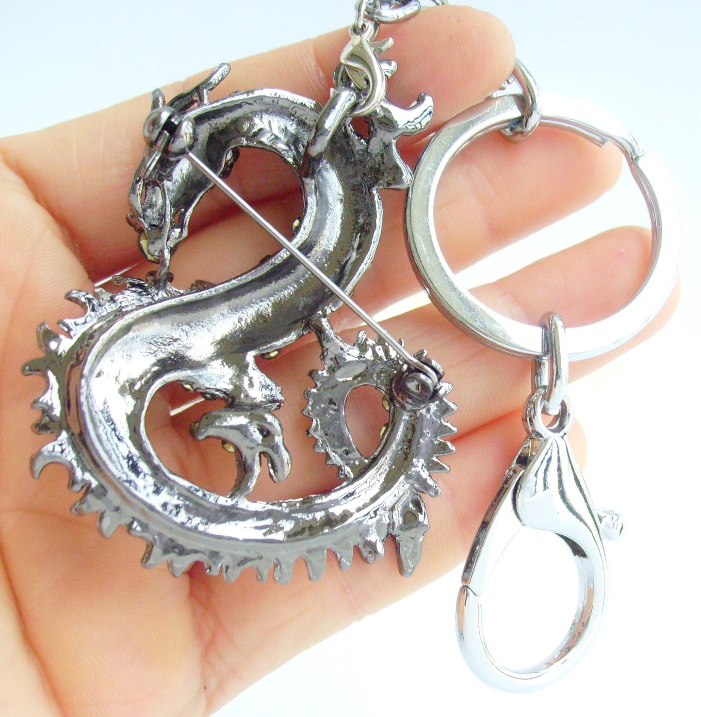 Sindary Costume Jewelry Unique Dragon Keychain Keyring Pendant Black Gray Rhinestone Crystal SPK02980C11