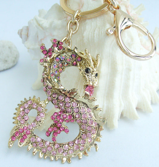 Sindary Costume Jewelry Unique Dragon Keychain Keyring Pendant Pink Rhinestone Crystal SPK02980C12