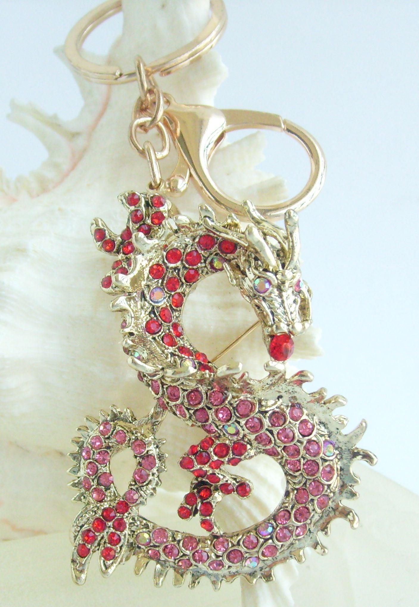 Sindary Costume Jewelry Unique Dragon Keychain Keyring Pendant Red Pink Rhinestone Crystal SPK02980C13