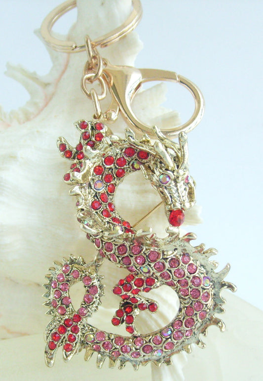 Sindary Costume Jewelry Unique Dragon Keychain Keyring Pendant Red Pink Rhinestone Crystal SPK02980C13