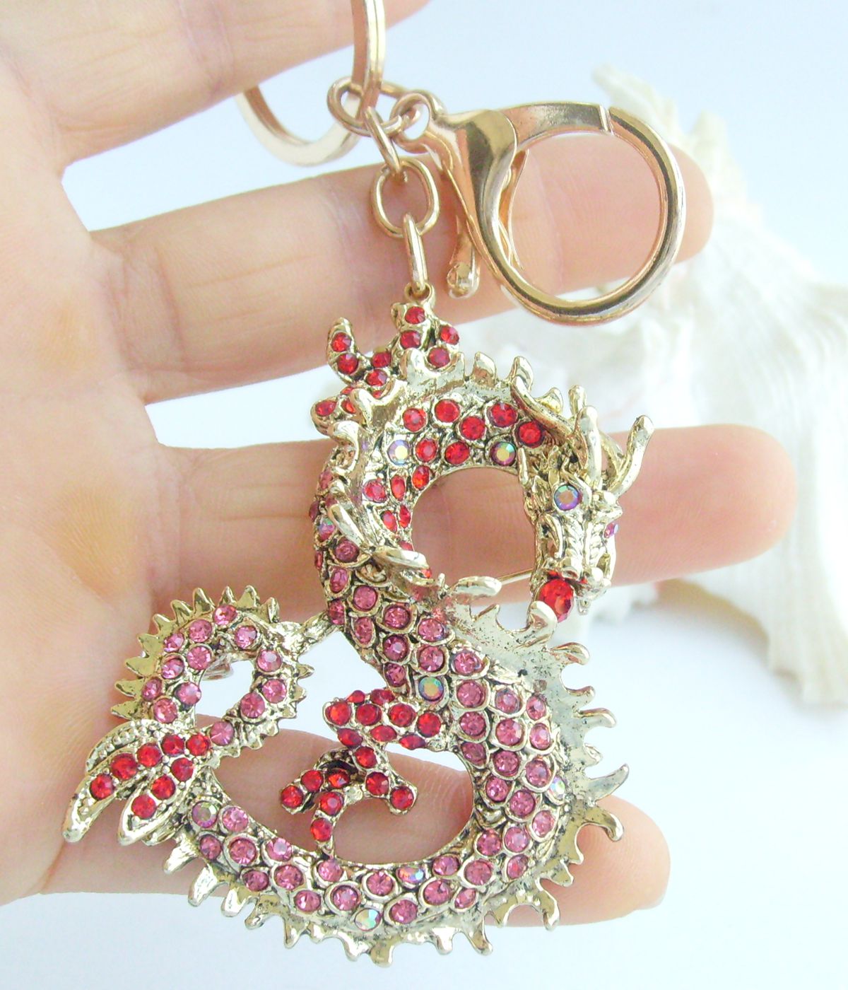 Sindary Costume Jewelry Unique Dragon Keychain Keyring Pendant Red Pink Rhinestone Crystal SPK02980C13